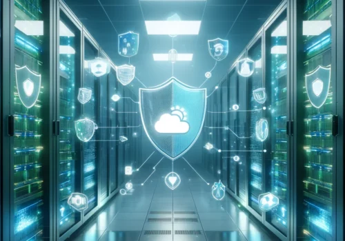 image with a shield in the middle depicting a sun behind a cloud representing data recovery and data backup with servers in the background representing off site cloud backup